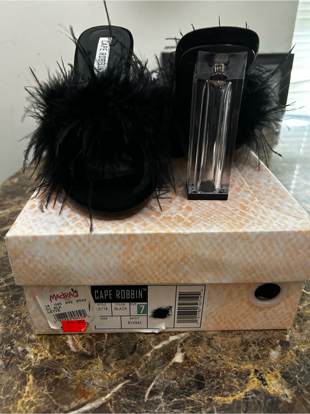 Cape Robbin Black Feather Clear Block Heel Slides